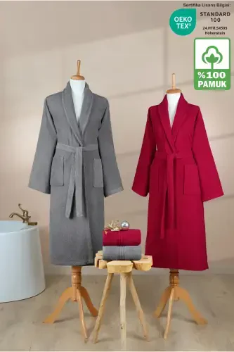 4 Pcs Striped Bathrobe Set 100% Cotton Certified Family Towel Bathrobe Set Dowry Set Gray - Claret Red-Gray - 1