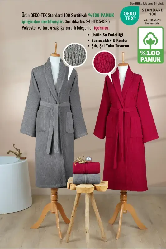 4 Pcs Striped Bathrobe Set 100% Cotton Certified Family Towel Bathrobe Set Dowry Set Gray - Claret Red-Gray - 2