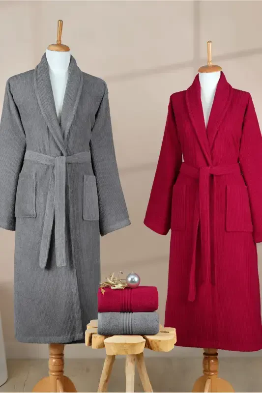 4 Pcs Striped Bathrobe Set 100% Cotton Certified Family Towel Bathrobe Set Dowry Set Gray - Claret Red-Gray - 3