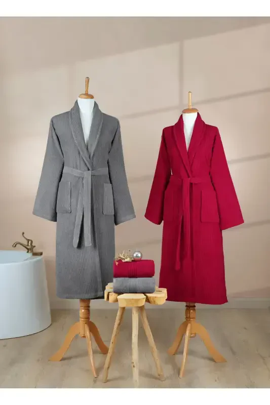 4 Pcs Striped Bathrobe Set 100% Cotton Certified Family Towel Bathrobe Set Dowry Set Gray - Claret Red-Gray - 6