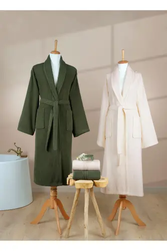 4 Pcs Striped Bathrobe Set 100% Cotton Certified Family Towel Bathrobe Set Dowry Set Green - Cream - Dark Green - 5
