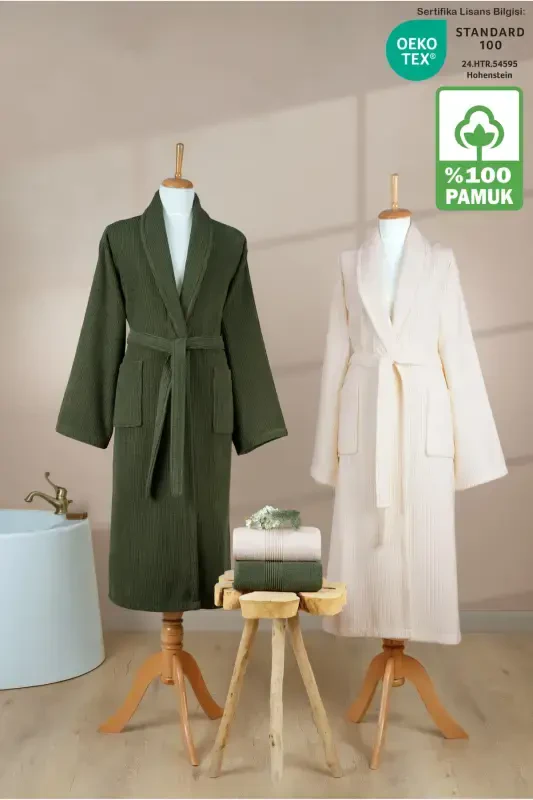 4 Pcs Striped Bathrobe Set 100% Cotton Certified Family Towel Bathrobe Set Dowry Set Green - Cream - Dark Green - ELLALINE
