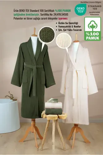 4 Pcs Striped Bathrobe Set 100% Cotton Certified Family Towel Bathrobe Set Dowry Set Green - Cream - Dark Green - 2