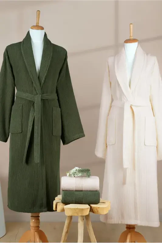4 Pcs Striped Bathrobe Set 100% Cotton Certified Family Towel Bathrobe Set Dowry Set Green - Cream - Dark Green - 4