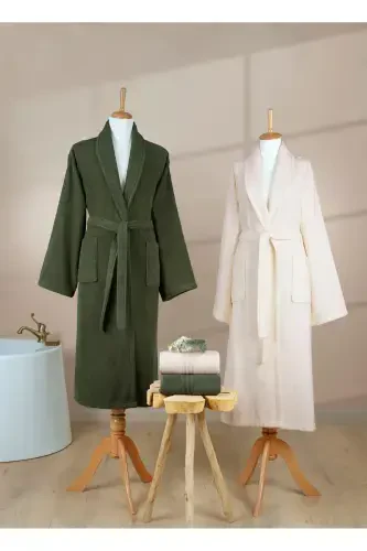 4 Pcs Striped Bathrobe Set 100% Cotton Certified Family Towel Bathrobe Set Dowry Set Green - Cream - Dark Green - 5