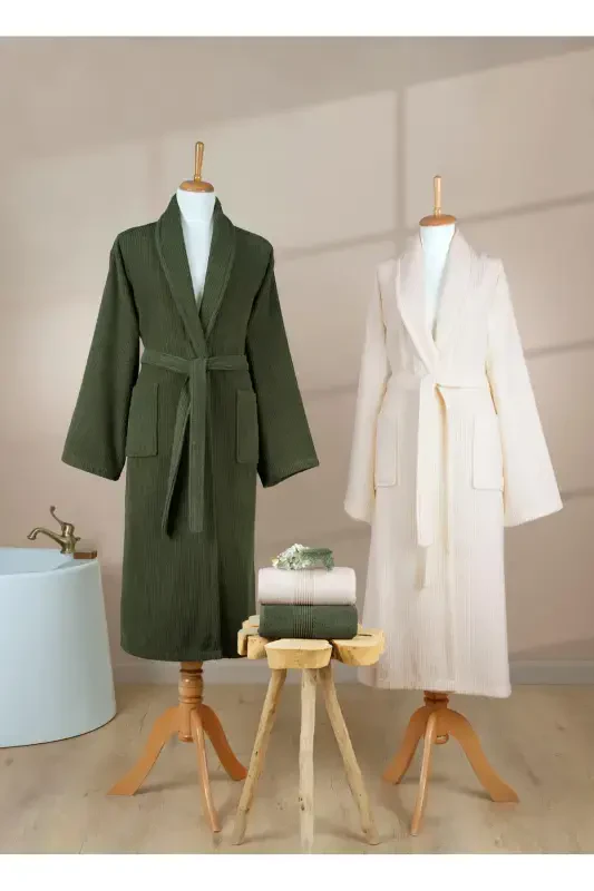 4 Pcs Striped Bathrobe Set 100% Cotton Certified Family Towel Bathrobe Set Dowry Set Green - Cream - Dark Green - 5