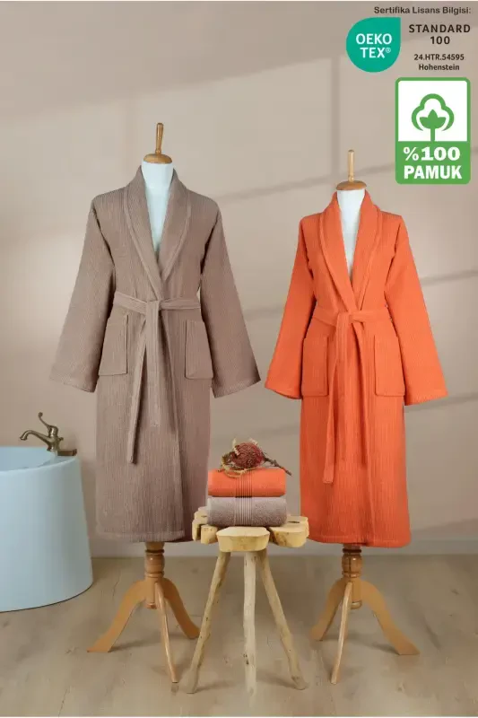 4 Pcs Striped Bathrobe Set 100% Cotton Certified Family Towel Bathrobe Set Dowry Set Khv - Orange-Brown - 1