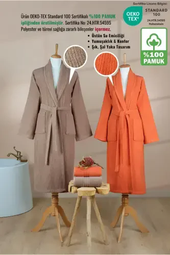 4 Pcs Striped Bathrobe Set 100% Cotton Certified Family Towel Bathrobe Set Dowry Set Khv - Orange-Brown - ELLALINE (1)