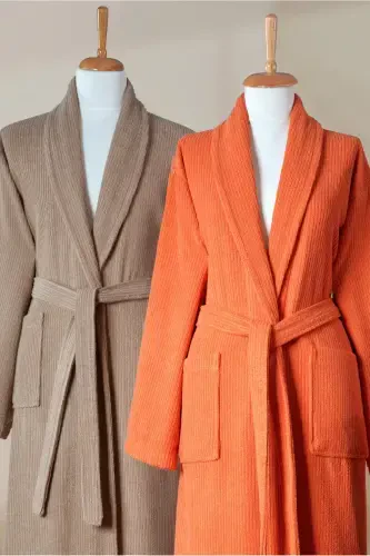 4 Pcs Striped Bathrobe Set 100% Cotton Certified Family Towel Bathrobe Set Dowry Set Khv - Orange-Brown - 3