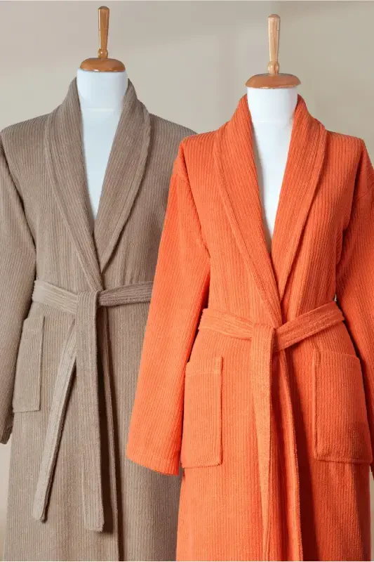 4 Pcs Striped Bathrobe Set 100% Cotton Certified Family Towel Bathrobe Set Dowry Set Khv - Orange-Brown - 3