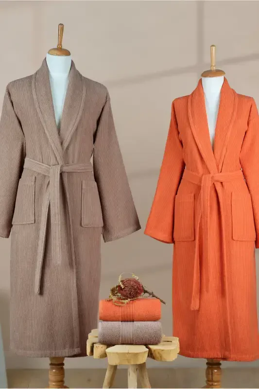 4 Pcs Striped Bathrobe Set 100% Cotton Certified Family Towel Bathrobe Set Dowry Set Khv - Orange-Brown - 4