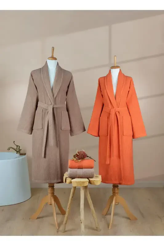 4 Pcs Striped Bathrobe Set 100% Cotton Certified Family Towel Bathrobe Set Dowry Set Khv - Orange-Brown - 5