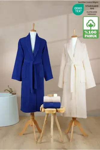 4 Pcs Striped Bathrobe Set 100% Cotton Certified Family Towel Bathrobe Set Dowry Set Navy Cream-Navy - 1