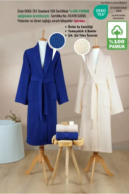 4 Pcs Striped Bathrobe Set 100% Cotton Certified Family Towel Bathrobe Set Dowry Set Navy Cream-Navy - 2