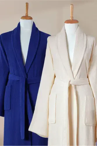 4 Pcs Striped Bathrobe Set 100% Cotton Certified Family Towel Bathrobe Set Dowry Set Navy Cream-Navy - 3