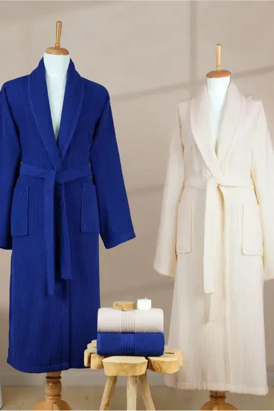 4 Pcs Striped Bathrobe Set 100% Cotton Certified Family Towel Bathrobe Set Dowry Set Navy Cream-Navy - 4