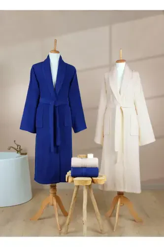 4 Pcs Striped Bathrobe Set 100% Cotton Certified Family Towel Bathrobe Set Dowry Set Navy Cream-Navy - 5