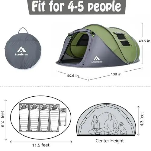 4 Person Easy Pop Up Tent Waterproof Automatic Setup 2 Doors-Instant Family Tents for Camping Hiking & Traveling - LONDTREN (1)
