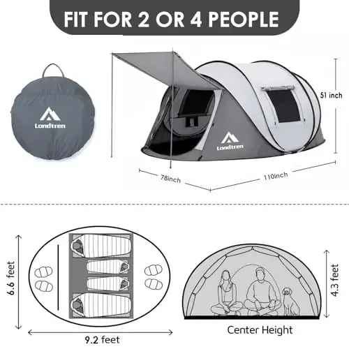 4 Person Easy Pop Up Tent Suv o'tkazmaydigan Avtomatik Sozlash 2 eshik-Camping Hiking & Traveling uchun Instant Oilaviy chodirlar - LONDTREN (1)