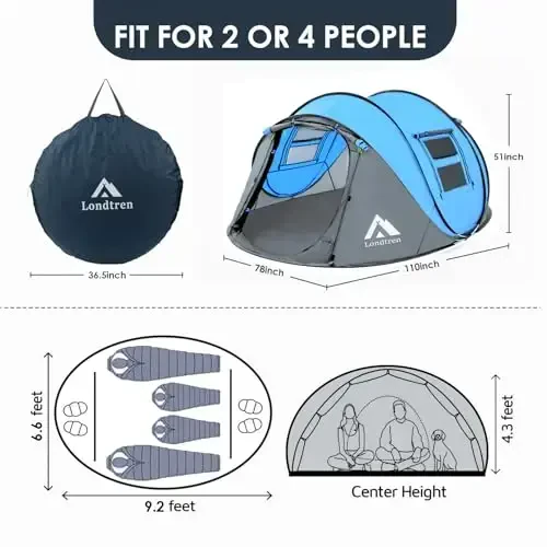 4 Person Easy Pop Up Tent Waterproof Automatic Setup 2 Doors-Instant Family Tents for Camping Hiking & Traveling - 2