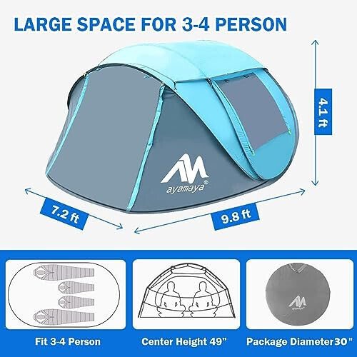 4 Person Pop Up Tents for Camping - AYAMAYA Waterproof Instant Family Tents with Skylight & Removable Rainfly, Upgraded Large Size with 2 Doors -Automatic Easy Setup Beach Tent with Poles - 4