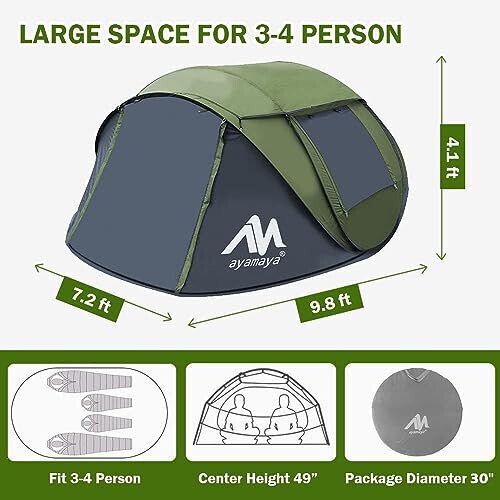 4 Person Pop Up Tents for Camping - AYAMAYA Waterproof Instant Family Tents with Skylight & Removable Rainfly, Upgraded Large Size with 2 Doors -Automatic Easy Setup Beach Tent with Poles - 4