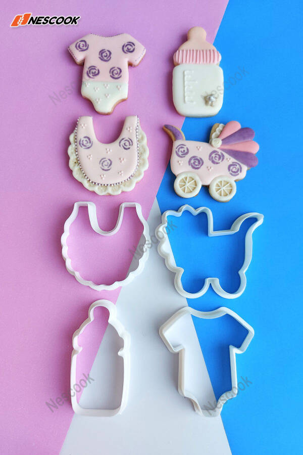 4 Piece Baby Shower Bibs Necklaces Apron Carriage Bottle Romper Baby Cookie Cutter Boy Girl - 7