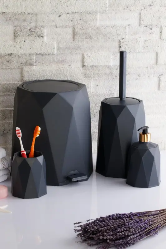 4-Piece Bathroom Set Trash Can Toilet Brush Soap Dispenser Toothbrush Holder - Anthracite - OKACIH