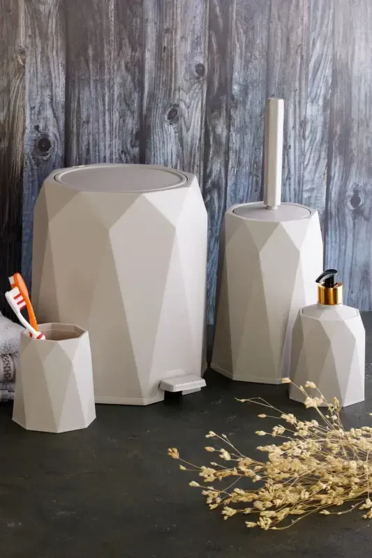 4-Piece Bathroom Set Trash Can Toilet Brush Soap Dispenser Toothbrush Holder-Stone - 1