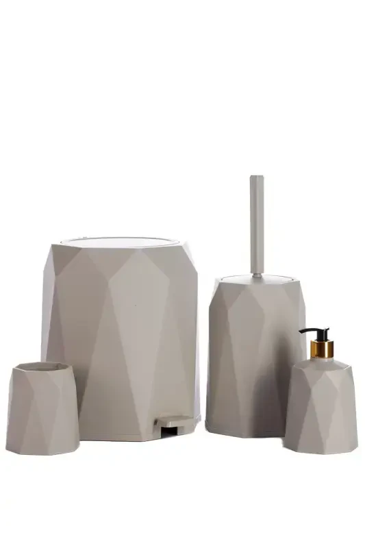 4-Piece Bathroom Set Trash Can Toilet Brush Soap Dispenser Toothbrush Holder-Stone - 2