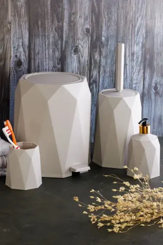4-Piece Bathroom Set Trash Can Toilet Brush Soap Dispenser Toothbrush Holder-Stone 