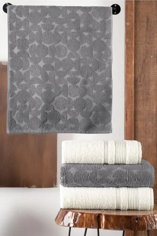 4-Piece Bathroom Towel Set Turkish Bath Set 100% Cotton-Gray - 3