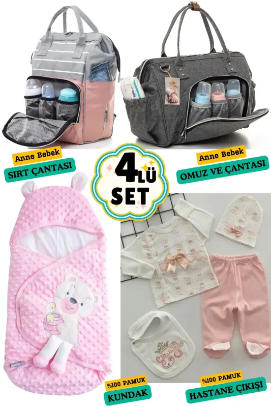 4-Piece Big Birth Set (HOSPITAL OUTFIT, BABY CARE BACK AND SHOULDER BAG, SWADDLE)-BEIGE - BOMBINOO