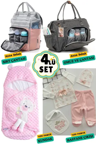 4-Piece Big Birth Set (HOSPITAL OUTFIT, BABY CARE BACK AND SHOULDER BAG, SWADDLE)-BEIGE 