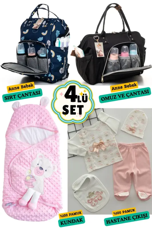 4-Piece Big Birth Set (HOSPITAL OUTFIT, BABY CARE BACKPACK AND SHOULDER BAG, SWADDLE)-BLACK - BOMBINOO
