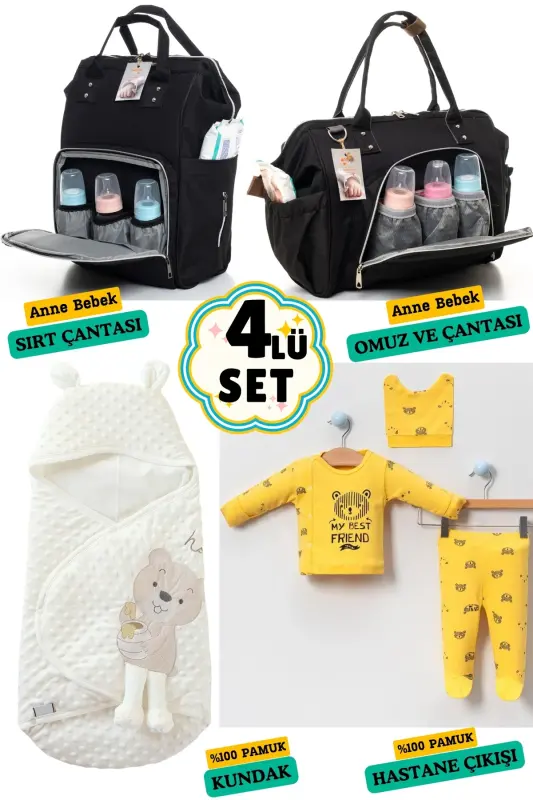 4-Piece Big Birth Set (HOSPITAL OUTFIT, BABY CARE BACKPACK AND SHOULDER BAG, SWADDLE)-BLACK - BOMBINOO