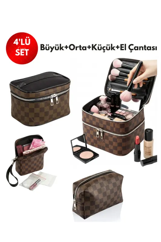 4’lü Set Makyaj ve Kozmetik Seyahat Çantası - Su Geçirmez Düzenleyici Valiz İçi Organizer - Kahve-siyah - 1