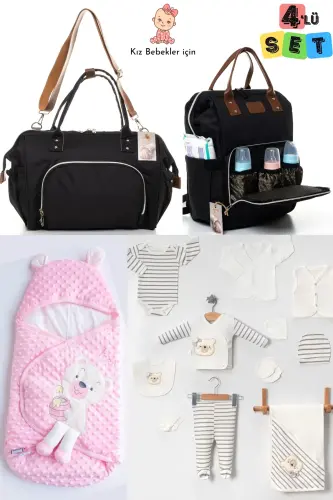 4-Piece Newborn Set (10 PIECE 100% COTTON HOSPITAL OUTFIT, PEA SWADDLE, BABY CARE SHOULDER AND BACKPACK)-POWDER 