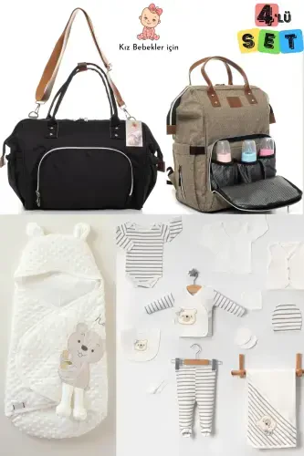 4-Piece Newborn Set (10 PIECE 100% COTTON HOSPITAL OUTFIT, PEA WRAP, BABY CARE SHOULDER AND BACKPACK)-POWDER - 1