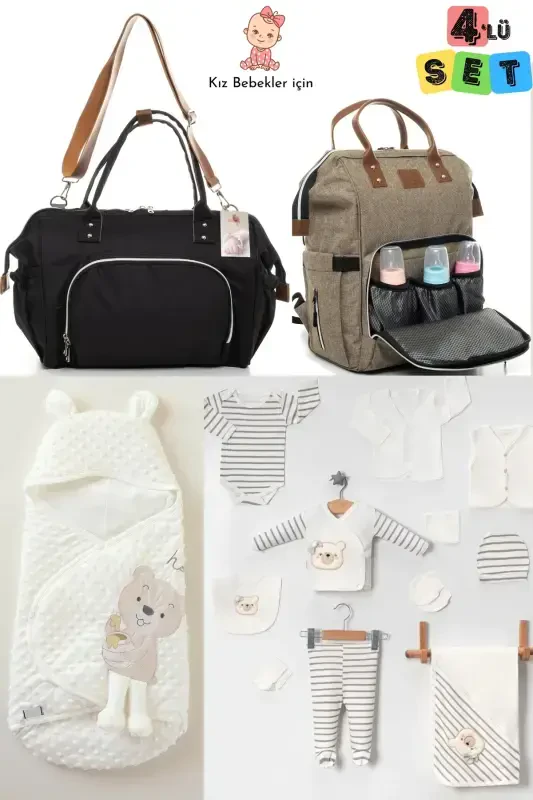 4-Piece Newborn Set (10 PIECE 100% COTTON HOSPITAL OUTFIT, PEA WRAP, BABY CARE SHOULDER AND BACKPACK)-POWDER - 1