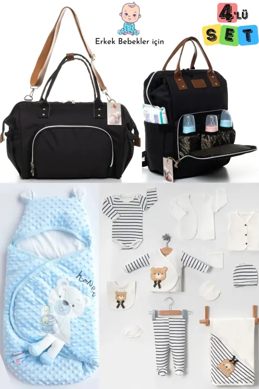 4-Piece Newborn Set (10 PIECES 100% COTTON HOSPITAL DISCHARGE SET, POPCORN SWADDLE, BABY CARE SHOULDER AND BACKPACK) - GREY-WHITE-WHITE - ALİSS
