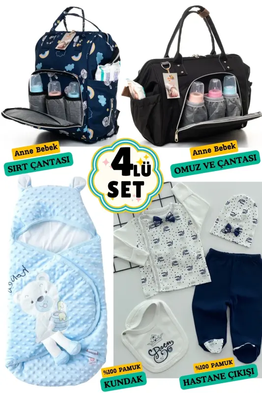 4-Piece Newborn Set (HOSPITAL OUTFIT, BABY CARE BACKPACK AND SHOULDER BAG, SWADDLE)-BEIGE - 1