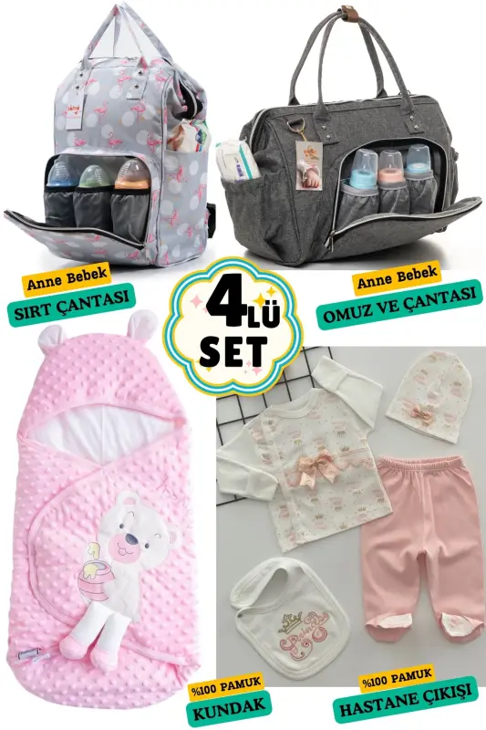 4-Piece Newborn Set (HOSPITAL OUTFIT, BABY CARE BACKPACK AND SHOULDER BAG, SWADDLE)-BLACK - BOMBINOO