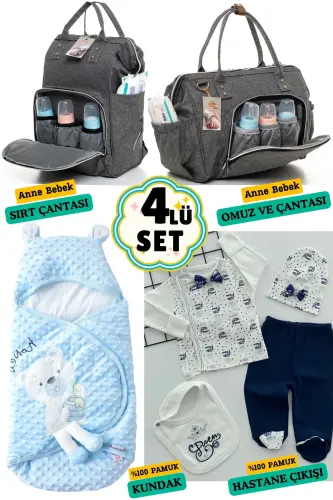 4-Piece Newborn Set (HOSPITAL OUTFIT, BABY CARE BACKPACK AND SHOULDER BAG, SWADDLE)-BLACK 