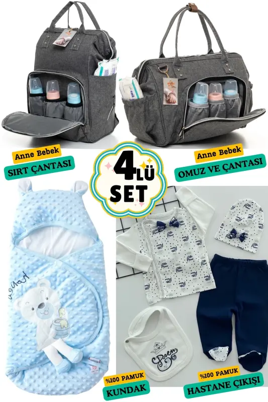 4-Piece Newborn Set (HOSPITAL OUTFIT, BABY CARE BACKPACK AND SHOULDER BAG, SWADDLE)-BLACK - BOMBINOO