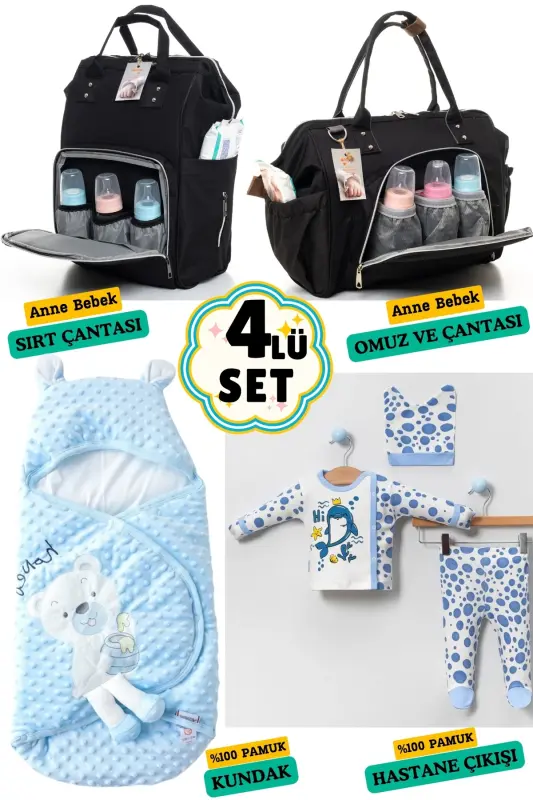4-Piece Newborn Set (HOSPITAL OUTFIT, BABY CARE BACKPACK AND SHOULDER BAG, SWADDLE)-BLACK - BOMBINOO
