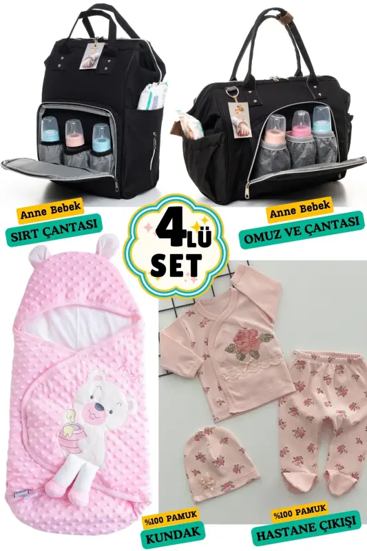 4-Piece Newborn Set (HOSPITAL OUTFIT, BABY CARE BACKPACK AND SHOULDER BAG, SWADDLE)-BLACK - BOMBINOO