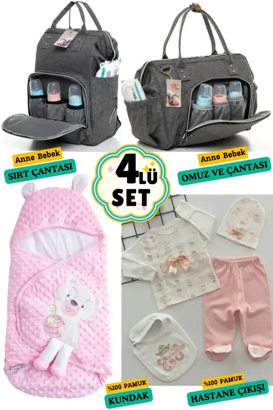 4-Piece Newborn Set (HOSPITAL OUTFIT, BABY CARE BACKPACK AND SHOULDER BAG, SWADDLE)-BLACK - BOMBINOO
