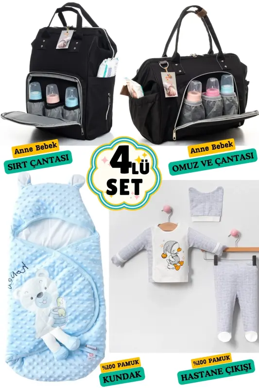 4-Piece Newborn Set (HOSPITAL OUTFIT, BABY CARE BACKPACK AND SHOULDER BAG, SWADDLE)-BLACK - BOMBINOO