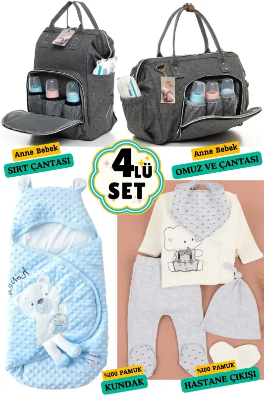 4-Piece Newborn Set (HOSPITAL OUTFIT, BABY CARE BACKPACK AND SHOULDER BAG, SWADDLE)-GRAY - BOMBINOO